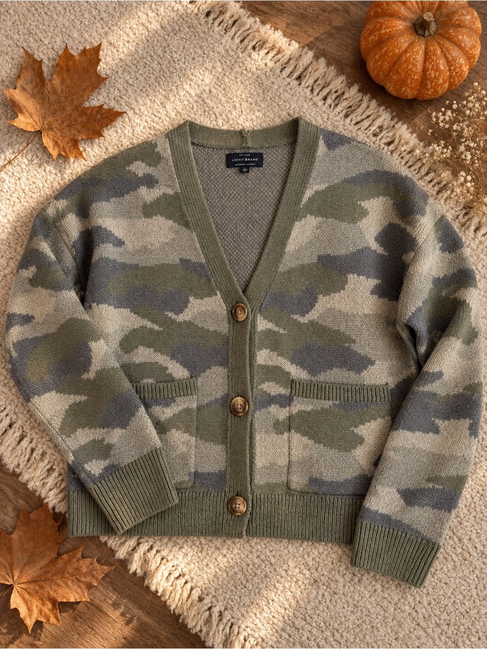 Lucky Brand Camo Cardigan Sweater V Neck Button Front Small